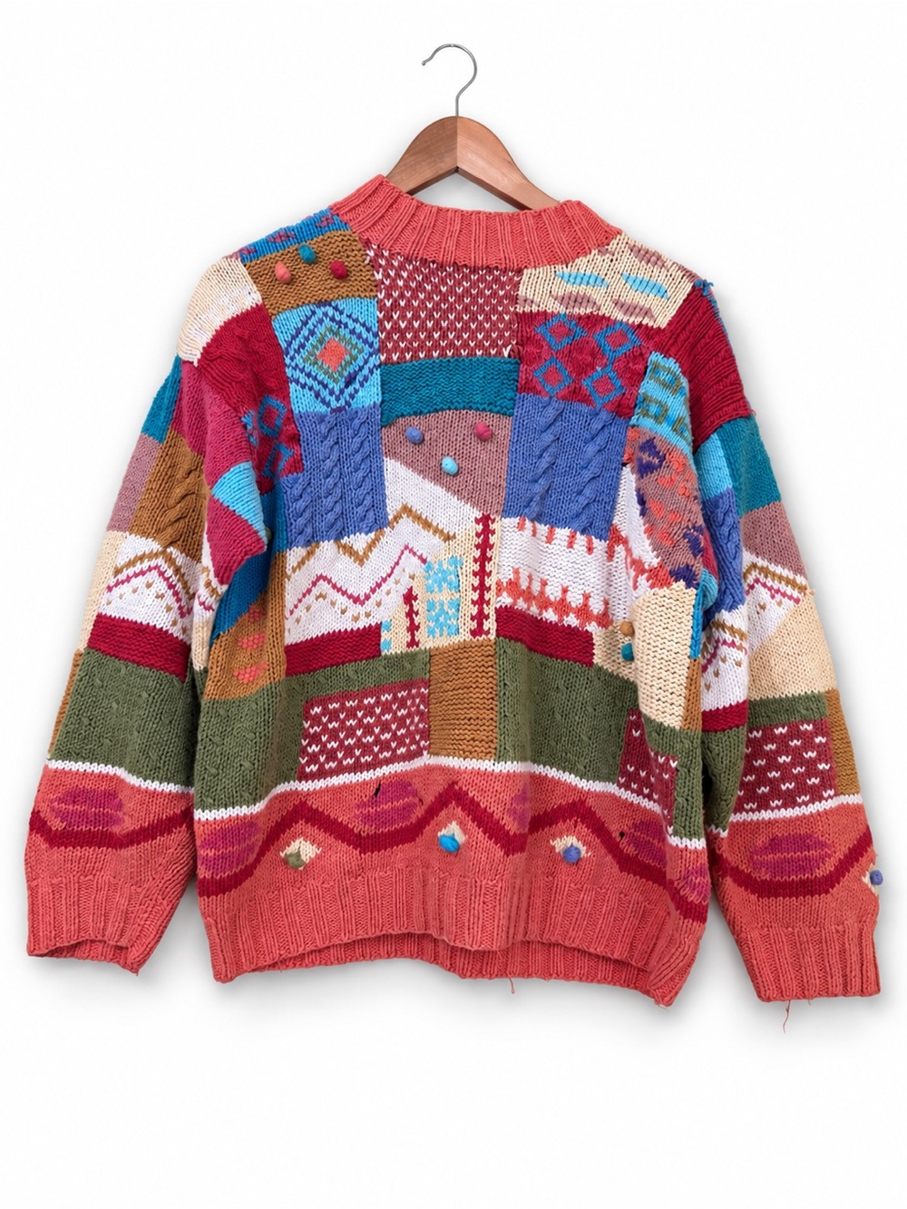 Hand Knit For The Limited Coral Multi Colorblock Patchwork Knit Sweater S FLAWS